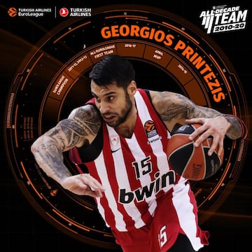 El ala-pívot del Olympiacos es uno de los dos jugadores que ha logrado más de 2.500 puntos (2.696) y 1.000 rebotes (1.117) en los últimos diez años (el otro es Ante Tomic). Printezis comenzó la década en el Unicaja, pero en el verano de 2011 volvió al Olympiacos, el equipo en el que se formó. Con el conjunto griego levantó dos Euroligas, una de ellas gracias a un tiro suyo. En la edición de 2012, el CSKA de Kirilenko dominaba la final, pero el Olympiacos fue capaz de remontar 19 puntos. Printezis anotó la canasta del triunfo a falta de 0,7 segundos. Además, el griego cierra la década como el quinto mejor anotador (1.117) y el cuarto en valoración (2.916). 