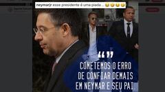 Neymar se r&iacute;e de Bartomeu en un comentario en Instagram: &quot;Este presidente es de broma&quot;.