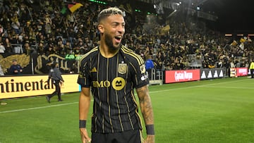 Mar 24, 2024; Los Angeles, California, USA; LAFC forward Denis Bouanga (99) celebrates a goal against Nashville SC during the second half at BMO Stadium. Mandatory Credit: Jayne Kamin-Oncea-USA TODAY Sports