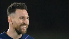 Argentina's forward #10 Lionel Messi smiles during a training session at Qatar University in Doha on December 8, 2022, on the eve of the Qatar 2022 World Cup quarter-final football match between The Netherlands and Argentina. (Photo by JUAN MABROMATA / AFP)