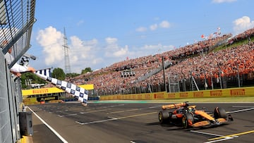 Mogyorod (Hungary), 21/07/2024.- McLaren driver Oscar Piastri of Australia crosses the finish line to win the Formula One Hungarian Grand Prix at the Hungaroring circuit, in Mogyorod, near Budapest, 21 July 2024. (Fórmula Uno, Hungría) EFE/EPA/MARTIN DIVISEK / POOL