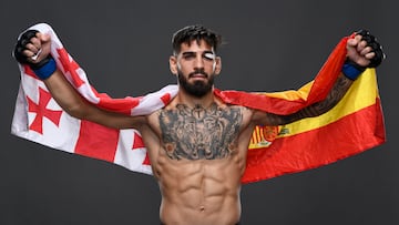 ABU DHABI, UNITED ARAB EMIRATES - OCTOBER 11:  Ilia Topuria poses for a portrait backstage during the UFC Fight Night event inside Flash Forum on UFC Fight Island on October 11, 2020 in Abu Dhabi, United Arab Emirates. (Photo by Mike Roach/Zuffa LLC via Getty Images)