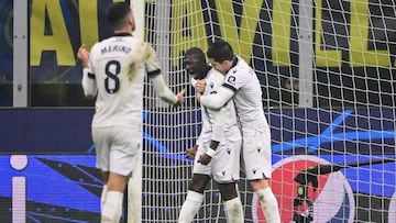 Real Sociedad's Malian defender #18 Hamari Traore (C) reacts after stopping the ball during the UEFA Champions League 1st round day 6 Group D football match between Inter Milan and Real Sociedad at the San Siro stadium in Milan on December 12, 2023. (Photo by Marco BERTORELLO / AFP)