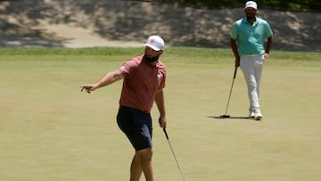 Golf - LIV Golf - Andalucia - Real Club Valderrama, Cadiz, Spain - July 13, 2024 Legion XIII's Jon Rahm in action during round two as Torque GC's Sebastian Munoz looks on REUTERS/Jon Nazca