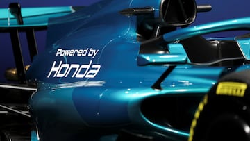 "Powered by Honda" is written on a mock F1 race car during a joint press conference with Aston Martin Aramco Formula One Team Executive Chairman Lawrence Stroll, Formula One Group President and F1 CEO Stefano Domenicali and Honda CEO Toshihiro Mibe on their partnership launch announcement in Tokyo, Japan, January 20, 2026. REUTERS/Issei Kato