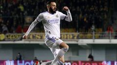 Karim Benzema celebrates scoring Real Madrid&#039;s third goal against Sheriff on Wednesday.