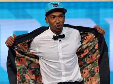 Jun 22, 2017; Brooklyn, NY, USA; Malik Monk (Kentucky) shows off the inside of his suit jacket as he is introduced as the number eleven overall pick to the Charlotte Hornets in the first round of the 2017 NBA Draft at Barclays Center. Mandatory Credit: Brad Penner-USA TODAY Sports