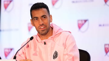 MIAMI, FLORIDA - JANUARY 11: Sergio Busquets of Inter Miami CF speaks at a press conference during a MLS media day event at the Miami Convention Center on January 11, 2024 in Miami, Florida.   Rich Storry/Getty Images/AFP (Photo by Rich Storry / GETTY IMAGES NORTH AMERICA / Getty Images via AFP)