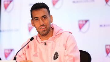 MIAMI, FLORIDA - JANUARY 11: Sergio Busquets of Inter Miami CF speaks at a press conference during a MLS media day event at the Miami Convention Center on January 11, 2024 in Miami, Florida.   Rich Storry/Getty Images/AFP (Photo by Rich Storry / GETTY IMAGES NORTH AMERICA / Getty Images via AFP)