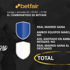 Getafe CF vs. Real Madrid CF: Combipartido de Betfair a cuota 9.2