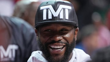 Jul 10, 2022; Las Vegas, NV, USA; Floyd Mayweather smiles at an NBA Summer League game between the Charlotte Hornets and the Los Angeles Lakers at Thomas & Mack Center. Mandatory Credit: Stephen R. Sylvanie-USA TODAY Sports