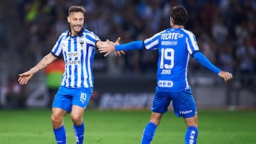 Jordi Cortizo celebrates his goal 2-0 with Sergio Canales of Monterrey during the 6th round match between Monterrey and Pachuca as part of the Torneo Clausura 2024 Liga BBVA MX at BBVA Bancomer Stadium on February 10, 2024 in Monterrey, Nuevo Leon, Mexico.xico.