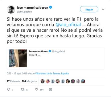 El jugador de la NBA, Jose Manuel Calder¨®n, agradece al piloto que la F¨®rmula 1 en Espa?a despunt¨® gracias a ¨¦l.