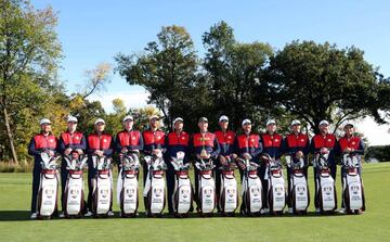 Sep 27, 2016; Chaska, MN, USA; Team USA pose for their official photo on the 10th Fairway at Hazeltine National Golf Club ahead of the 41st Ryder Cup. Mandatory Credit: Rob Schumacher-USA TODAY Sports