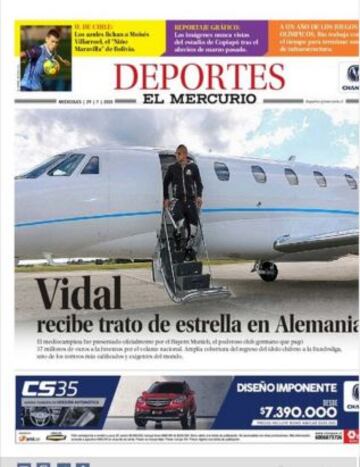 El Mercurio llegó el arribo del chileno a Alemania en su portada deportiva.