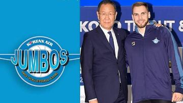 El espa&ntilde;ol Andr&eacute;s Villena posa tras ser elegido por el Korean Air Jumbos en el draft de la liga surcoreana de voleibol.