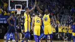 Feb 24, 2018; Oakland, CA, USA; Golden State Warriors forward Kevin Durant (35) is congratulated by forward Draymond Green (23) after making a three point basket against the Oklahoma City Thunder in the second quarter at Oracle Arena. Mandatory Credit: Cary Edmondson-USA TODAY Sports