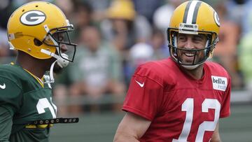 Green Bay Packers quarterback Aaron Rodgers (12) jokes around with cornerback Damarious Randall (23) Thursday, July 28, 2016 during Green Bay Packers training camp in Green Bay, Wis. MARK HOFFMAN/MHOFFMAN@JOURNALSENTINEL.COM