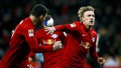 Leipzig&#039;s Emil Forsberg celebrates after he score a goal against Leverkusen.