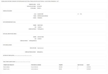 Formulario informe tarifario de propaganda electoral - prensa escrita eléctronica - elecciones primaria 2017