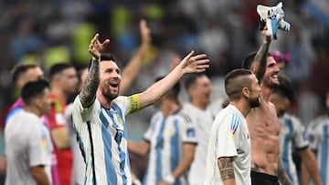 Argentina's forward #10 Lionel Messi celebrates after qualifying to the next round after defeating Australia 2-1 in the Qatar 2022 World Cup round of 16 football match between Argentina and Australia at the Ahmad Bin Ali Stadium in Al-Rayyan, west of Doha on December 3, 2022. (Photo by MANAN VATSYAYANA / AFP)