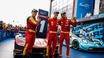 Calado, Giovinazzi y Pier Guidi, celebran el triunfo con el Ferrari #51 en las 6 Horas de Ímola.