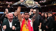 ANAHEIM, CALIFORNIA - FEBRUARY 17: Ilia Topuria of Germany celebrates after his knockout victory against Alexander Volkanovski of Australia in the UFC featherweight championship fight during the UFC 298 event at Honda Center on February 17, 2024 in Anaheim, California. (Photo by Chris Unger/Zuffa LLC via Getty Images)