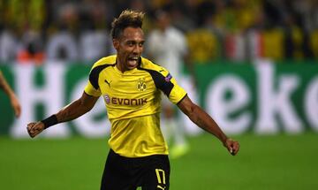 Pierre-Emerick Aubameyang celebrating during the UEFA Champions League first leg football match between Borussia Dortmund