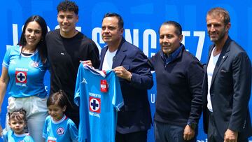 Jorge Sanchez, Victor Velazquez President, Ivan Alonso during the presentation of new reinforcement of the Cruz Azul Team as part of the Torneo Apertura 2024 of the Liga BBVA MX, at Las Instalaciones de La Noria, on July 05, 2024, Mexico City, Mexico
