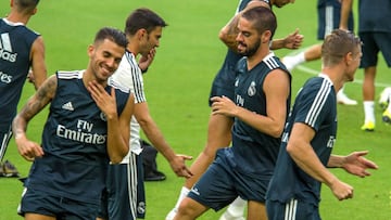 Los jugadores del Real Madrid Dani Ceballos e Isco Alarcon entrenando el 30 de julio de 2018 en el Hard Rock Stadium de Miami Garden, Florida (EE.UU.). 