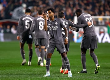 Soccer Football - LaLiga - Rayo Vallecano v Real Madrid - Campo de Futbol de Vallecas, Madrid, Spain - December 14, 2024 Real Madrid's Rodrygo celebrates scoring their third goal REUTERS/Susana Vera