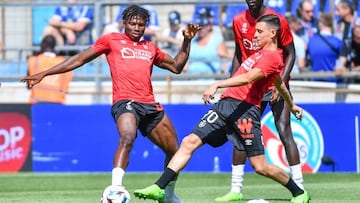 El Bilal TOURE of Reims and Alexis FLIPS of Reims during the Ligue 1 Uber Eats match between RC Strasbourg and Stade de Reims at La Meinau Stadium on August 21, 2022 in Strasbourg, France. (Photo by Franco Arland/Icon Sport via Getty Images)