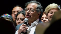 Colombian left-wing presidential candidate Gustavo Petro of the Historic Pact coalition speaks after his victory in the second round of the presidential election, at the Movistar Arena, in Bogota, Colombia June 19, 2022. REUTERS/Vannessa Jimenez