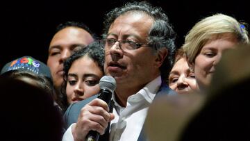 Colombian left-wing presidential candidate Gustavo Petro of the Historic Pact coalition speaks after his victory in the second round of the presidential election, at the Movistar Arena, in Bogota, Colombia June 19, 2022. REUTERS/Vannessa Jimenez