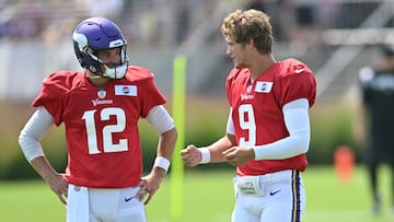Aug 3, 2024; Eagan, MN, USA; Minnesota Vikings quarterback Nick Mullens (12) and quarterback J.J. McCarthy (9) talk during practice at Vikings training camp in Eagan, MN. Mandatory Credit: Jeffrey Becker-USA TODAY Sports