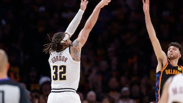 Denver Nuggets forward Aaron Gordon (32) shoots a three point basket to win game one of the second round against the Oklahoma City Thunder during the 2025 NBA Playoffs at Paycom Center.