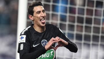 Paris Saint-Germain's Argentinian forward Angel Di Maria celebrates after scoring a goal during the French League Cup round of sixteen football match between Sochaux (FCSM) and Paris Saint-Germain (PSG), on February 6, 2018 at the Auguste Bonal stadi