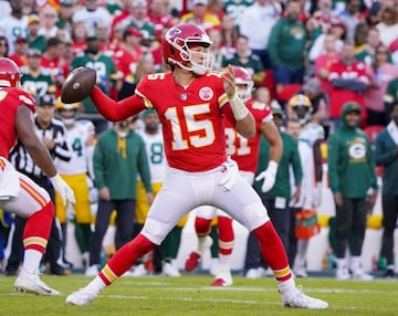 Nov 7, 2021; Kansas City, Missouri, USA; Kansas City Chiefs quarterback Patrick Mahomes (15) throws a pass against the Green Bay Packers during the first half at GEHA Field at Arrowhead Stadium. Mandatory Credit: Denny Medley-USA TODAY Sports