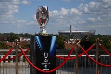 The UEFA Super Cup trophy is displayed at the Castle Square in the Old Town of Warsaw.