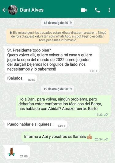 Bartomeu responde y filtra unos WhatsApp de Alves