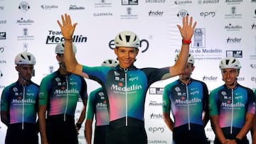 Colombian cyclist Miguel Angel Lopez (C) waves during his presentation as new rider for Team Medellin EPM, in Medellin, Colombia, on January 17, 2023. - In December 2022 Lopez was fired by the Astana team, who claim he had links to a Spanish doctor at the heart of a doping investigation. Lopez denies any connection to doping. The 28-year-old Lopez won a stage on the Tour de France in 2020, won the best young rider category on the Giro d'Italia in 2018 and 2019 and finished third in both the Giro and Vuelta a Espana in 2018. (Photo by Fredy BUILES / AFP) (Photo by FREDY BUILES/AFP via Getty Images)