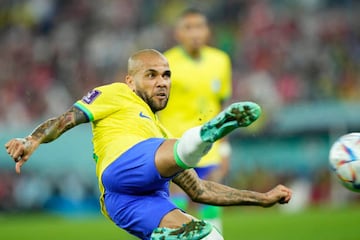 Dani Alves right-back of Brazil and UNAM Pumas shooting to goal during the FIFA World Cup Qatar 2022 Round of 16 match between Brazil and South Korea at Stadium 974 on December 5, 2022 in Doha, Qatar. (Photo by Jose Breton/Pics Action/NurPhoto via Getty Images)