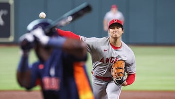 Jun 2, 2023; Houston, Texas, USA; Los Angeles Angels starting pitcher Shohei Ohtani (17) delivers a pitch to Houston Astros left fielder Yordan Alvarez (44) during the first inning at Minute Maid Park. Mandatory Credit: Troy Taormina-USA TODAY Sports