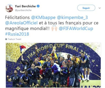 Tras la victoria de Francia en el Mundial de F¨²tbol, Yuri felicitaba a sus excompa?eros del PSG a trav¨¦s de su cuenta de twitter.