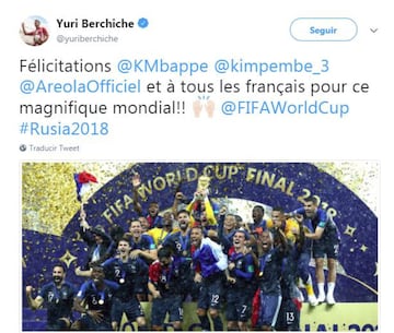 Tras la victoria de Francia en el Mundial de Fútbol, Yuri felicitaba a sus excompañeros del PSG a través de su cuenta de twitter.