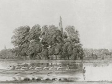 La embarcación de la Universidad de Oxford en el Támesis durante la primera Regata entre los clubes náuticos de Oxford y Cambridge el 10 de junio de 1829. El equipo de Oxford ganó la carrera en un tiempo de 14 minutos y 3 segundos.