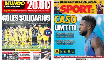 Portadas de Mundo Deportivo y Sport del 14 de noviembre de 2019 con el partido solidario entre el Bar&ccedil;a y el Cartagena y el central franc&eacute;s Samuel Umtiti como protagonistas.