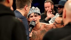 NEW YORK, NEW YORK - APRIL 20: Ryan Garcia celebrates after defeating Devin Haney in their WBC Super Lightweight title bout at Barclays Center on April 20, 2024 in New York City.   Al Bello/Getty Images/AFP (Photo by AL BELLO / GETTY IMAGES NORTH AMERICA / Getty Images via AFP)