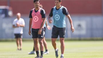 ST PAUL, MN - AUGUST 09: Carlos Vela and Javier Hernandez talk during a training session ahead of the MLS All Stars and Liga MX All Stars game at National Sports Center on August 9, 2022 in St Paul, Minnesota. (Photo by Omar Vega/Getty Images)
