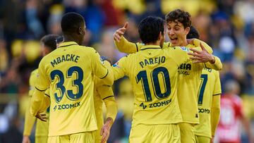 Dani Parejo (C) of Villarreal CF celebrates after scoring their side's first goal with his teammate Pau Torres (R) during the LaLiga Santander match between Villarreal CF and Girona FC at Estadio de la Ceramica, January 22, 2023, Vila-real, Spain. (Photo by David Aliaga/NurPhoto via Getty Images)